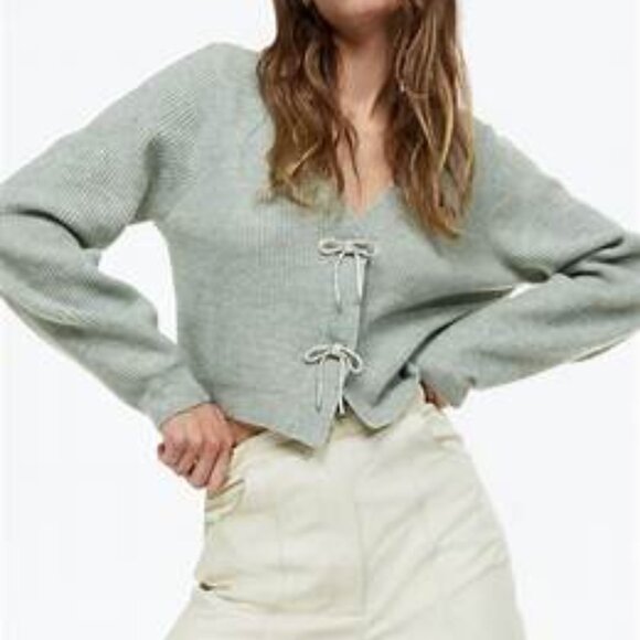 H&M Sweaters - H&M Soft Icy Green Cropped Cardigan with Rhinestone Rope Bow Ties (M)